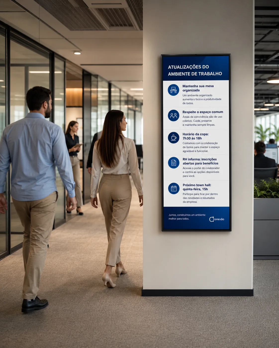 Escritório com tela de atualizações do ambiente de trabalho e avisos de RH