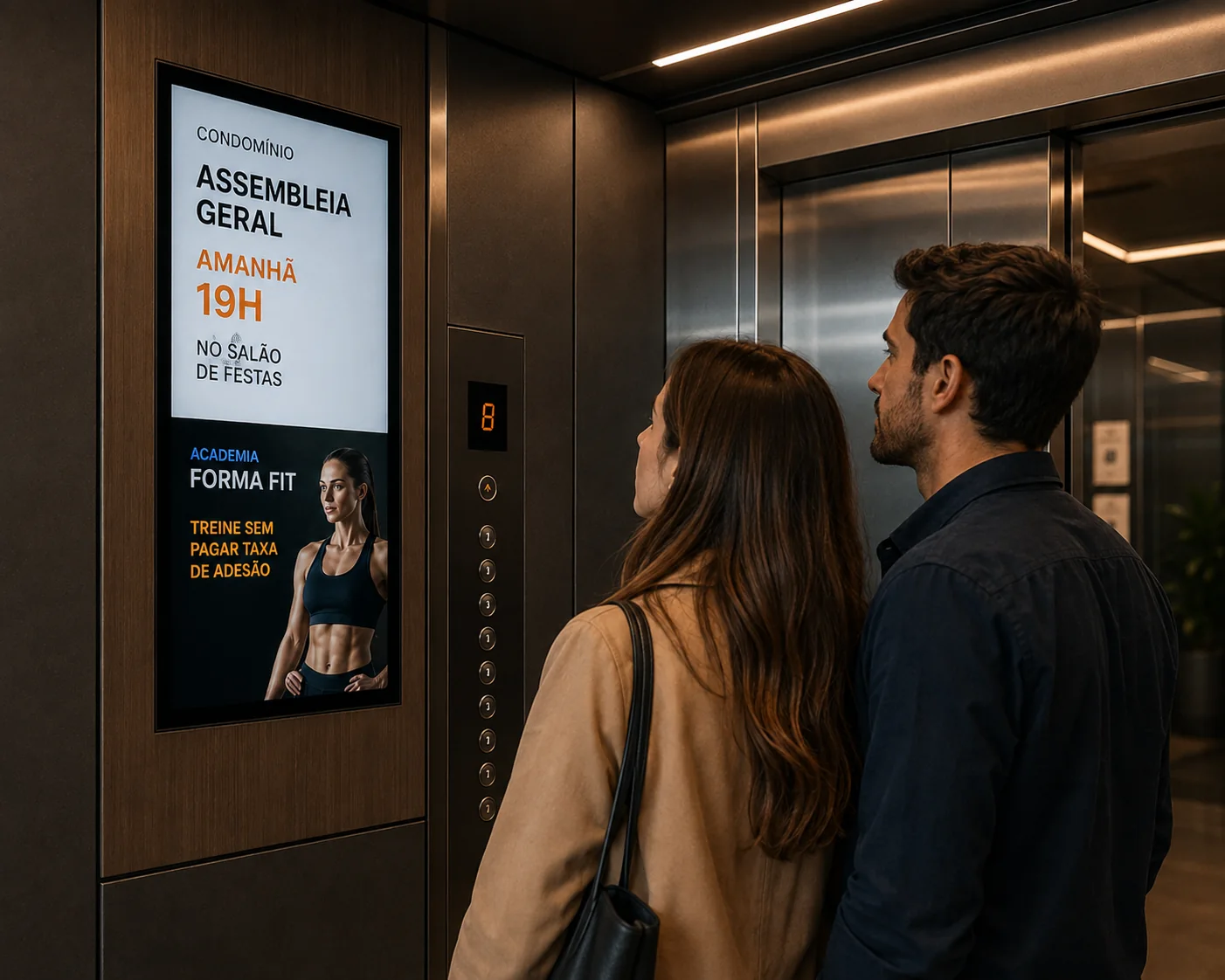 Elevador com tela mostrando assembleia do condomínio e anúncio de academia