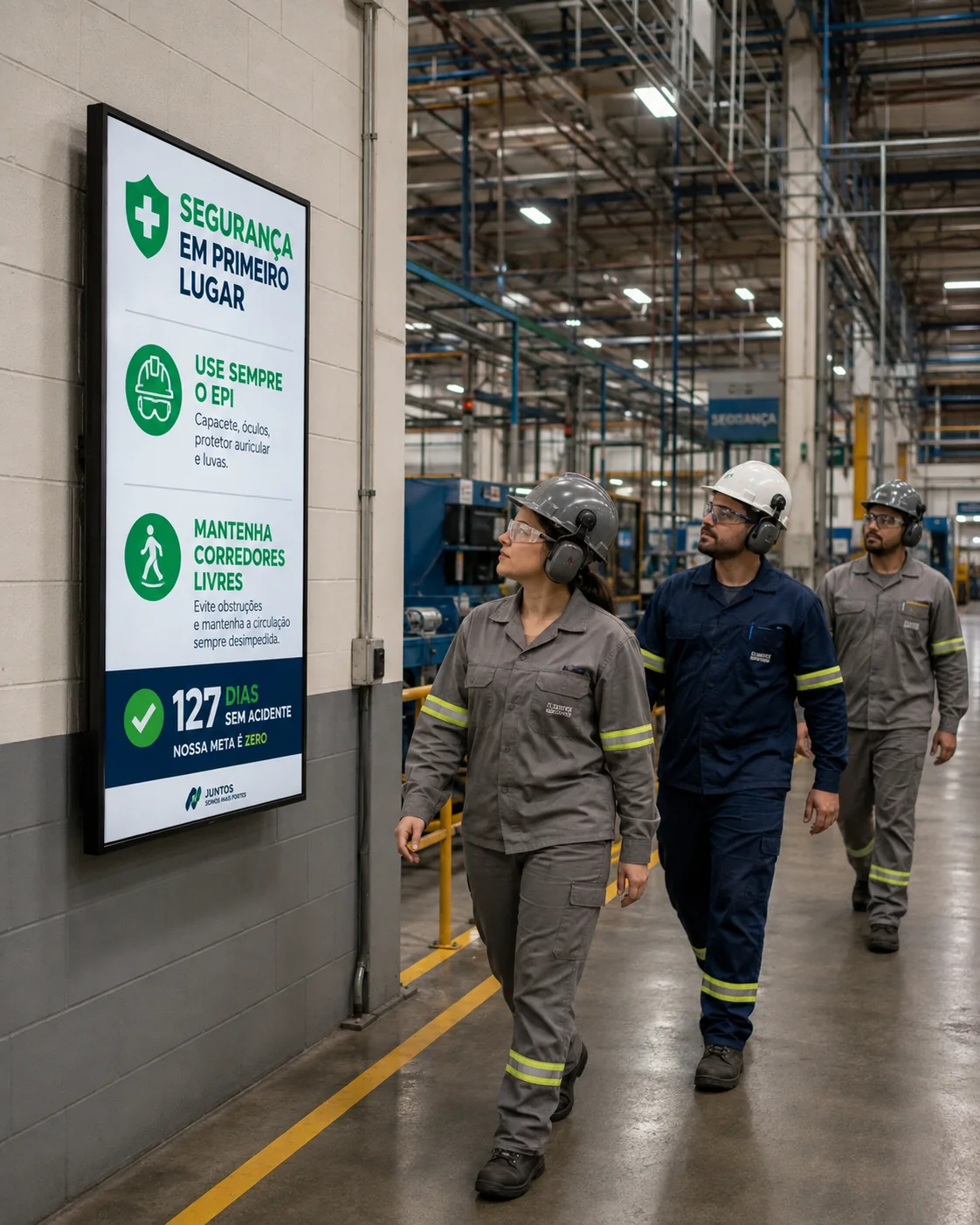 Fábrica com tela de segurança, EPI e dias sem acidente