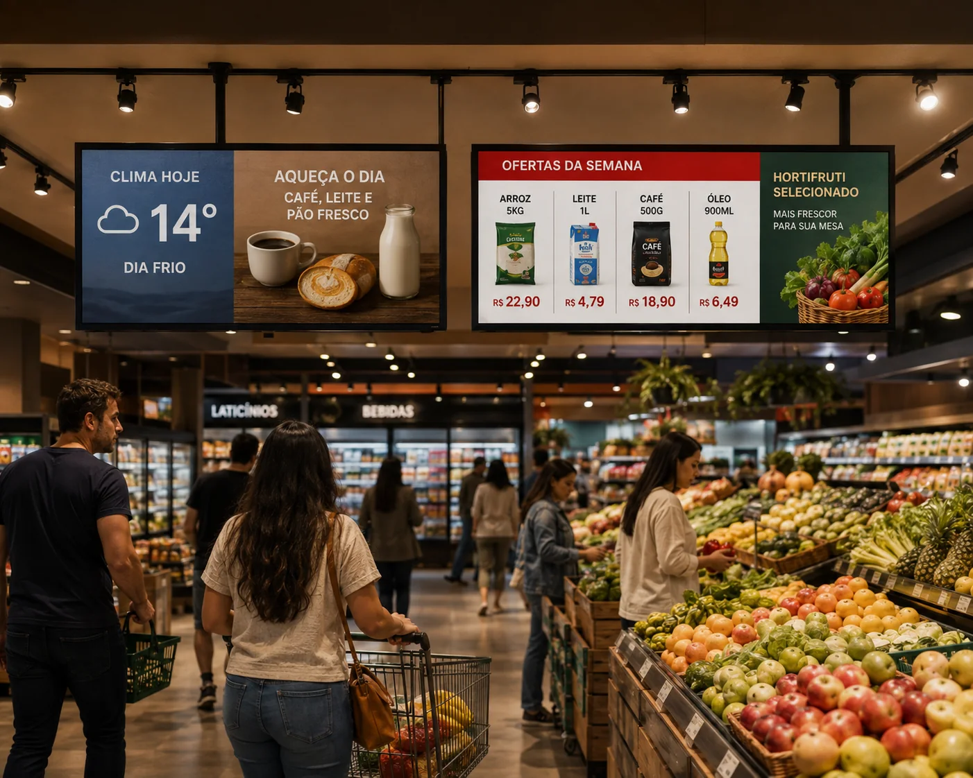 Supermercado com telas de clima contextual e ofertas da semana