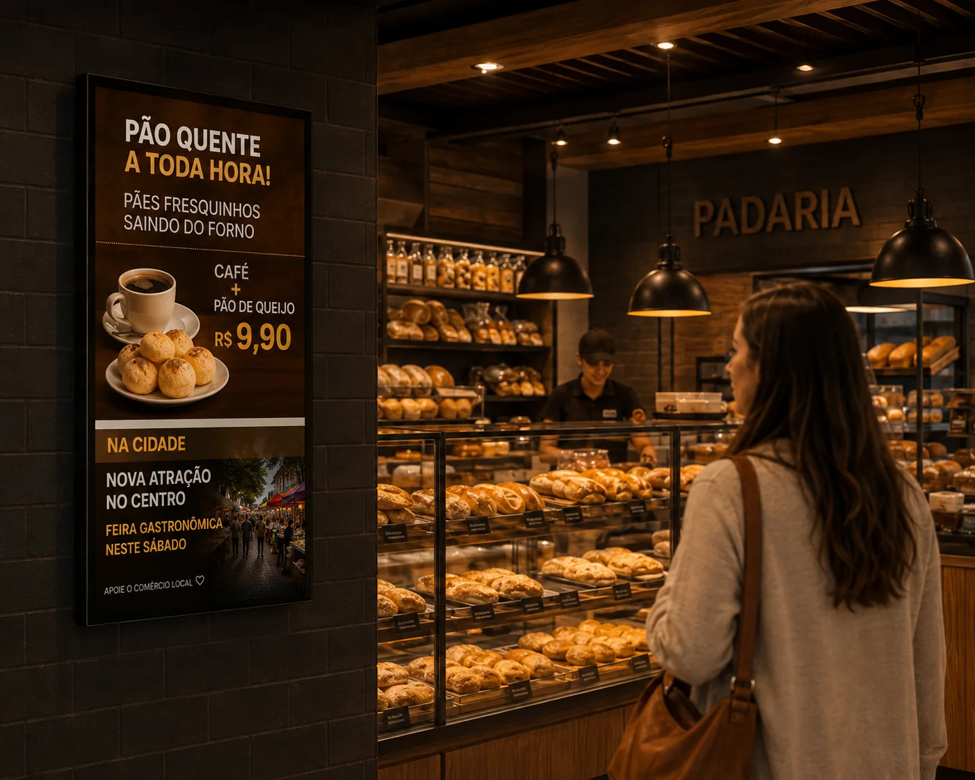 Padaria com tela de combo café e notícia local